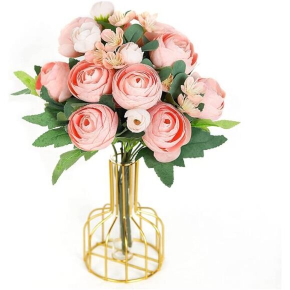 Artificial Flower Decor with Gold Vase Fake Peony Flowers (Champagne Pink) - Picture 1 of 12